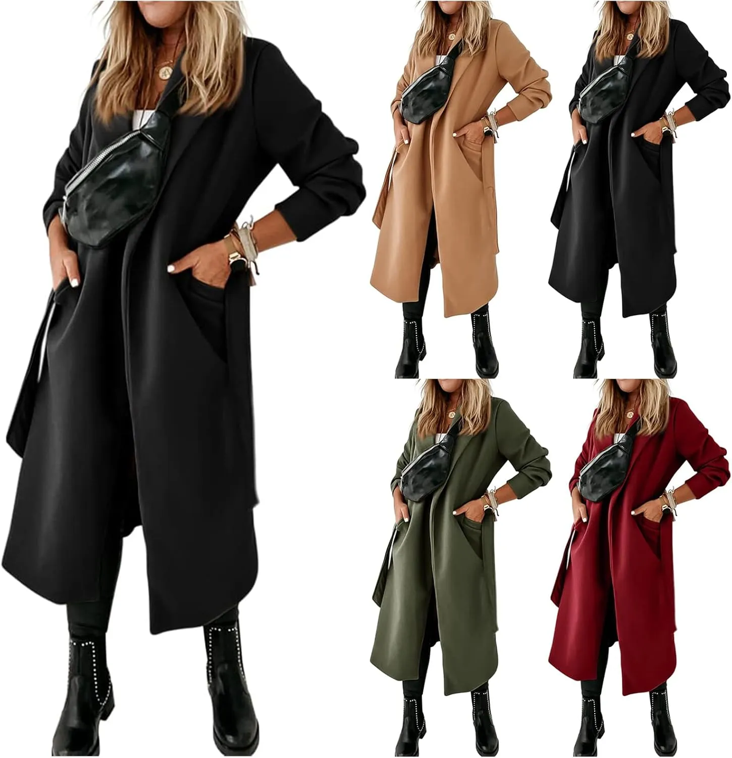 Womens Wool Blend Trench Coat Dressy Open Front Long Cardigan Fall Winter Trendy Coatigan Jackets Outwear with Pocket