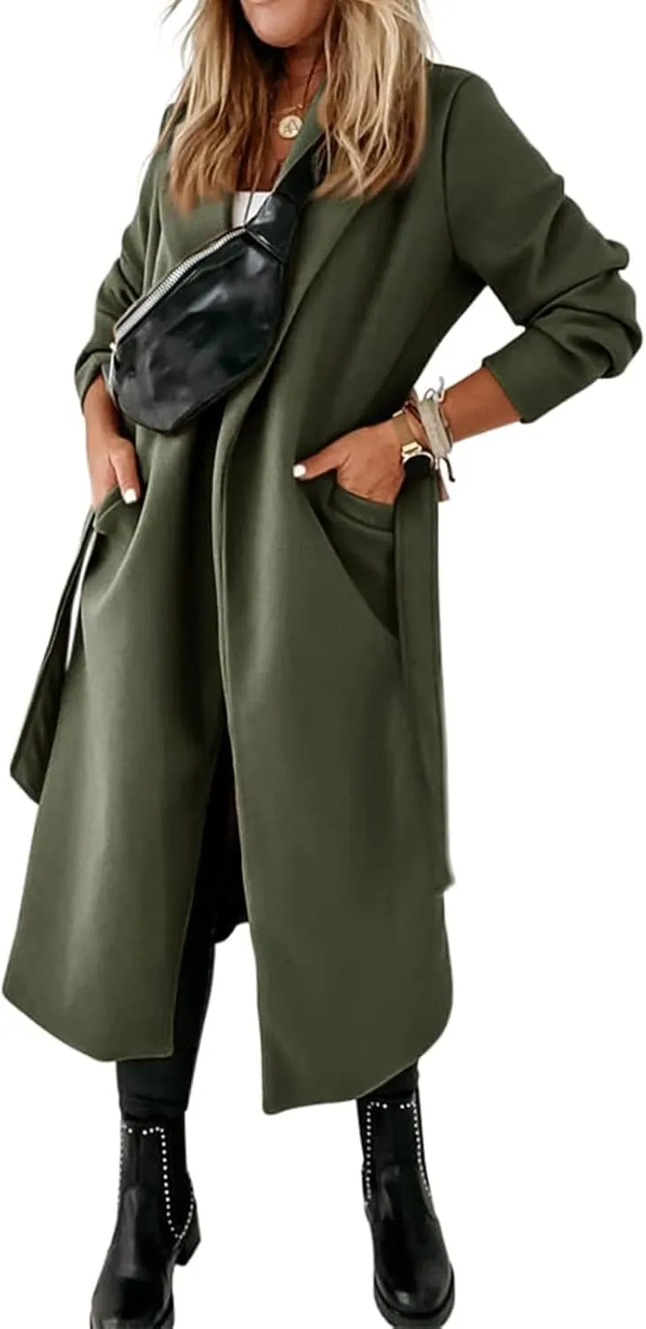 Womens Wool Blend Trench Coat Dressy Open Front Long Cardigan Fall Winter Trendy Coatigan Jackets Outwear with Pocket