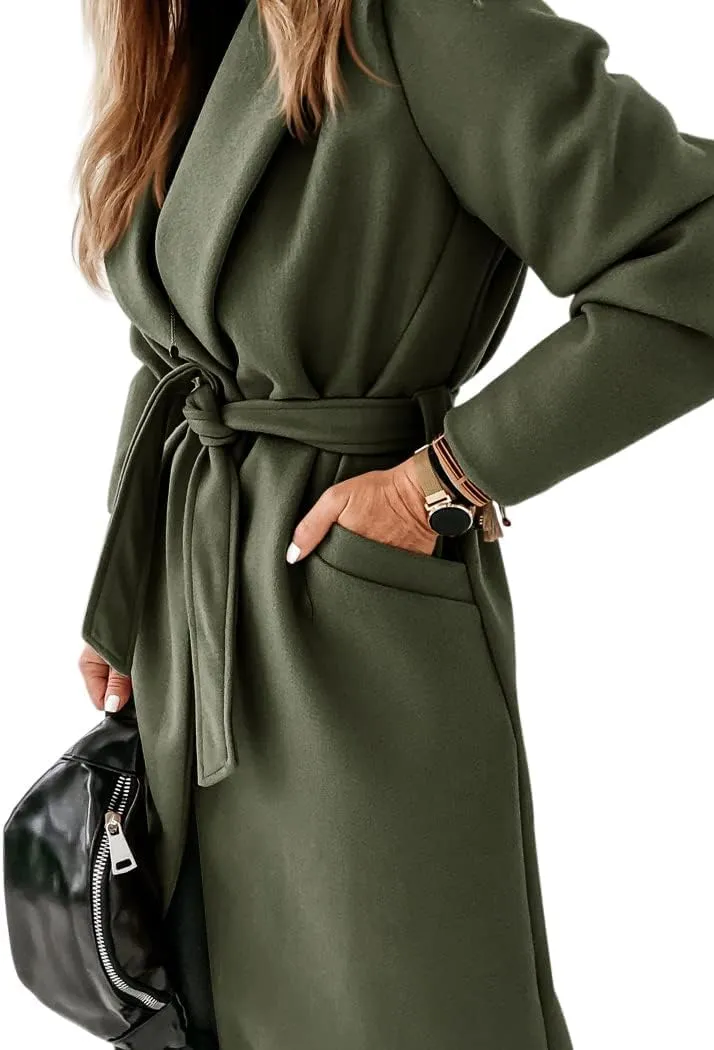 Womens Wool Blend Trench Coat Dressy Open Front Long Cardigan Fall Winter Trendy Coatigan Jackets Outwear with Pocket