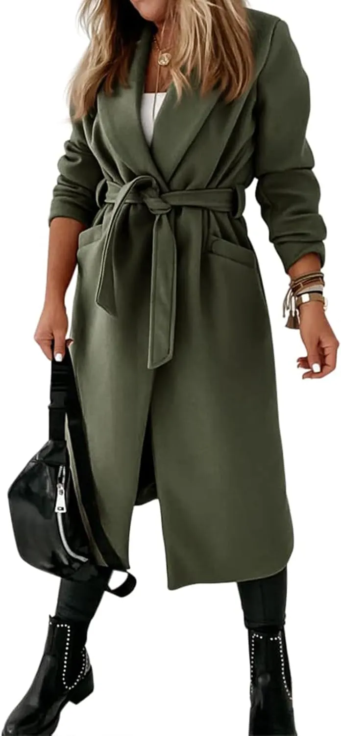 Womens Wool Blend Trench Coat Dressy Open Front Long Cardigan Fall Winter Trendy Coatigan Jackets Outwear with Pocket