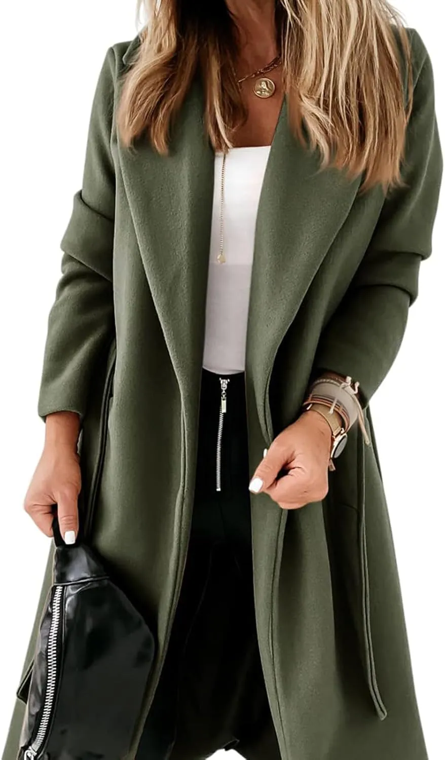 Womens Wool Blend Trench Coat Dressy Open Front Long Cardigan Fall Winter Trendy Coatigan Jackets Outwear with Pocket