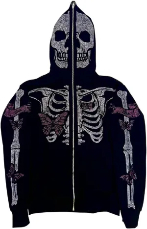 Womens Y2K Zip Up Hoodie Men Long Sleeve Rhinestone Graphic Sweatshirts Halloween Oversized Goth Jacket Streetwear