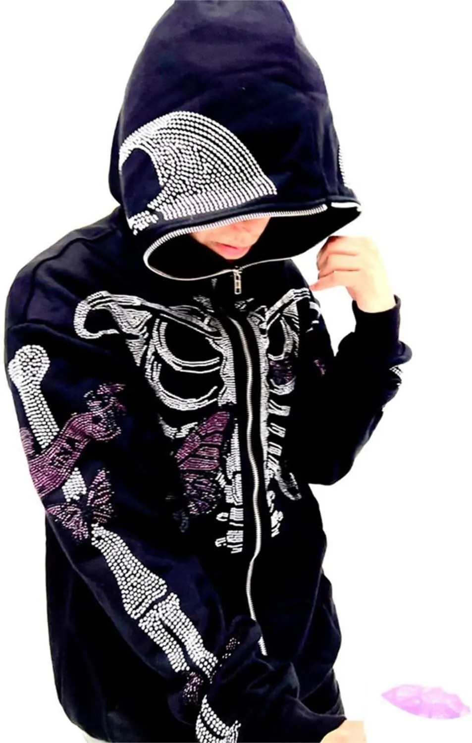 Womens Y2K Zip Up Hoodie Men Long Sleeve Rhinestone Graphic Sweatshirts Halloween Oversized Goth Jacket Streetwear