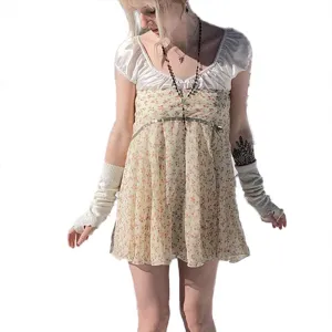 WOWARKI Women Y2K Patchwork Floral Print Mini Dress Swing Ruffle Summer Dress Square Neck Fairy Grunge Aesthetic Outfits
