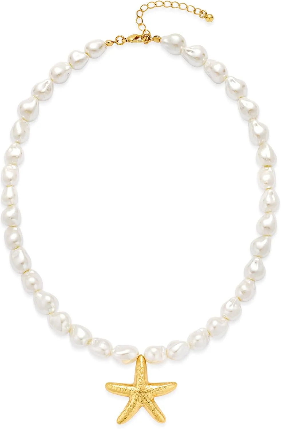 WOWORAMA Pearl Starfish Necklace for Women Gold Shell Starfish Pendant Necklaces Baroque Pearl Choker Necklace Adjustable Summer Beach Seashell Necklaces Jewelry