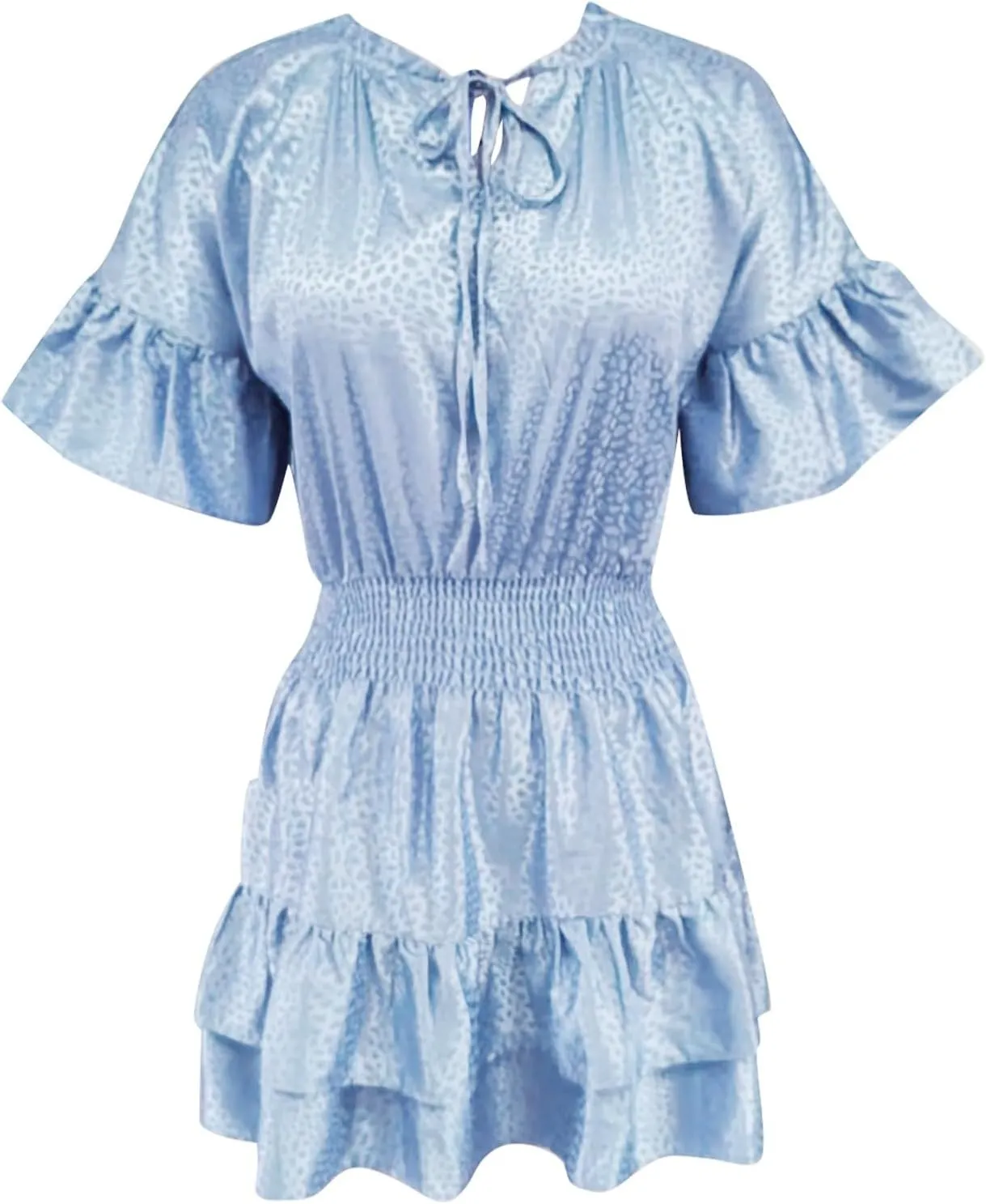 XOWRTE Womens Lace-up V Neck Casual Tiered A-Line Dresses Summer High Waist Ruffle Pleated Cute Mini Short Dress Babydoll