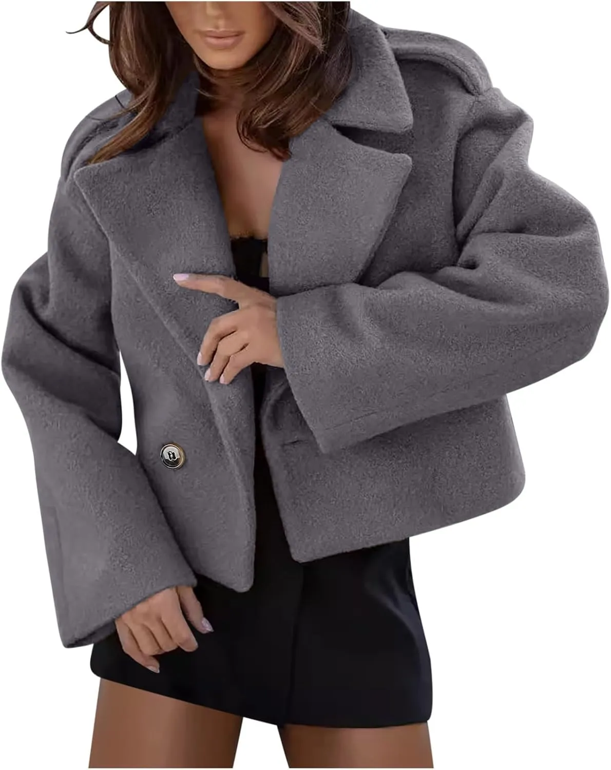 XUNRYAN Womens Classic Trench Coat Cropped Notch Lapel Wool-Blend Jacket Casual Button Peacoat Winter Fall Fashion Outerwear