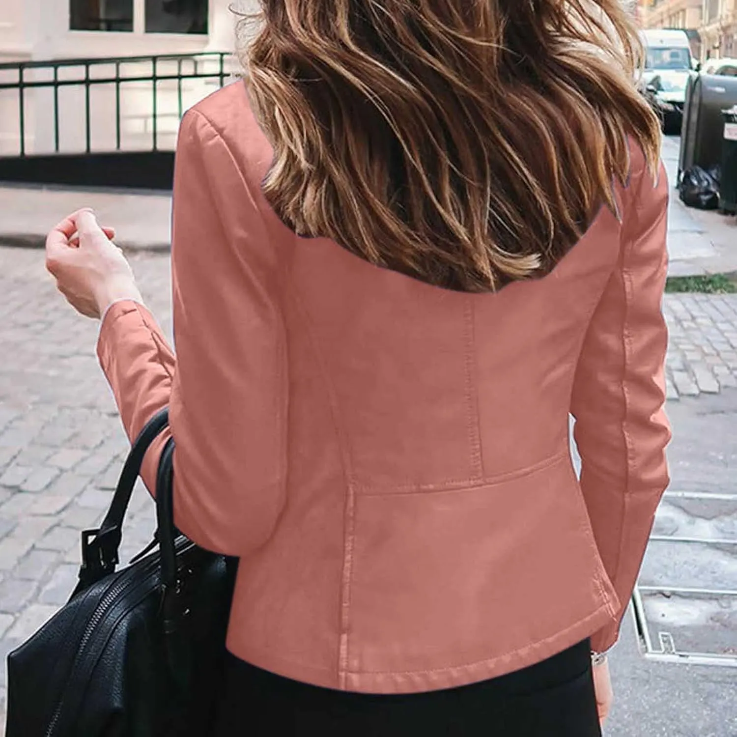 XUNRYAN Women's Cropped Fashion Faux Leather Jackets Lightweight Full Zip Up Slim Fit Short PU Coat in Solid