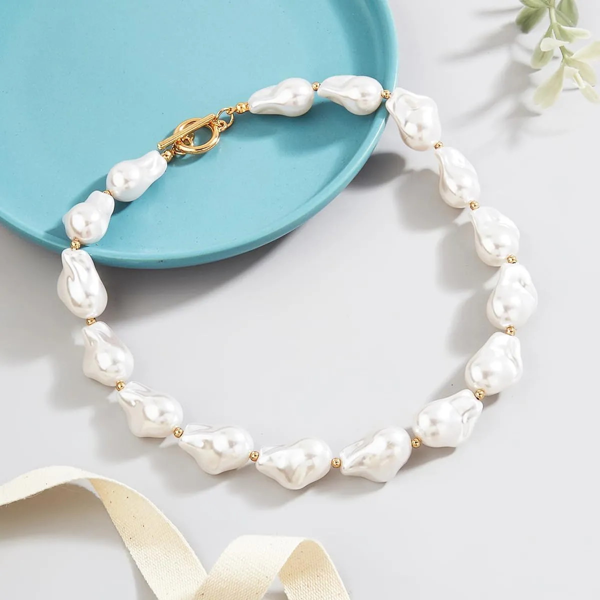Y 14K Gold Plated Pearl Necklace - Dainty Gold Beaded Pearl Choker Chain Necklace for Women - Prom, Wedding, Bridal, Bridesmaid Jewelry