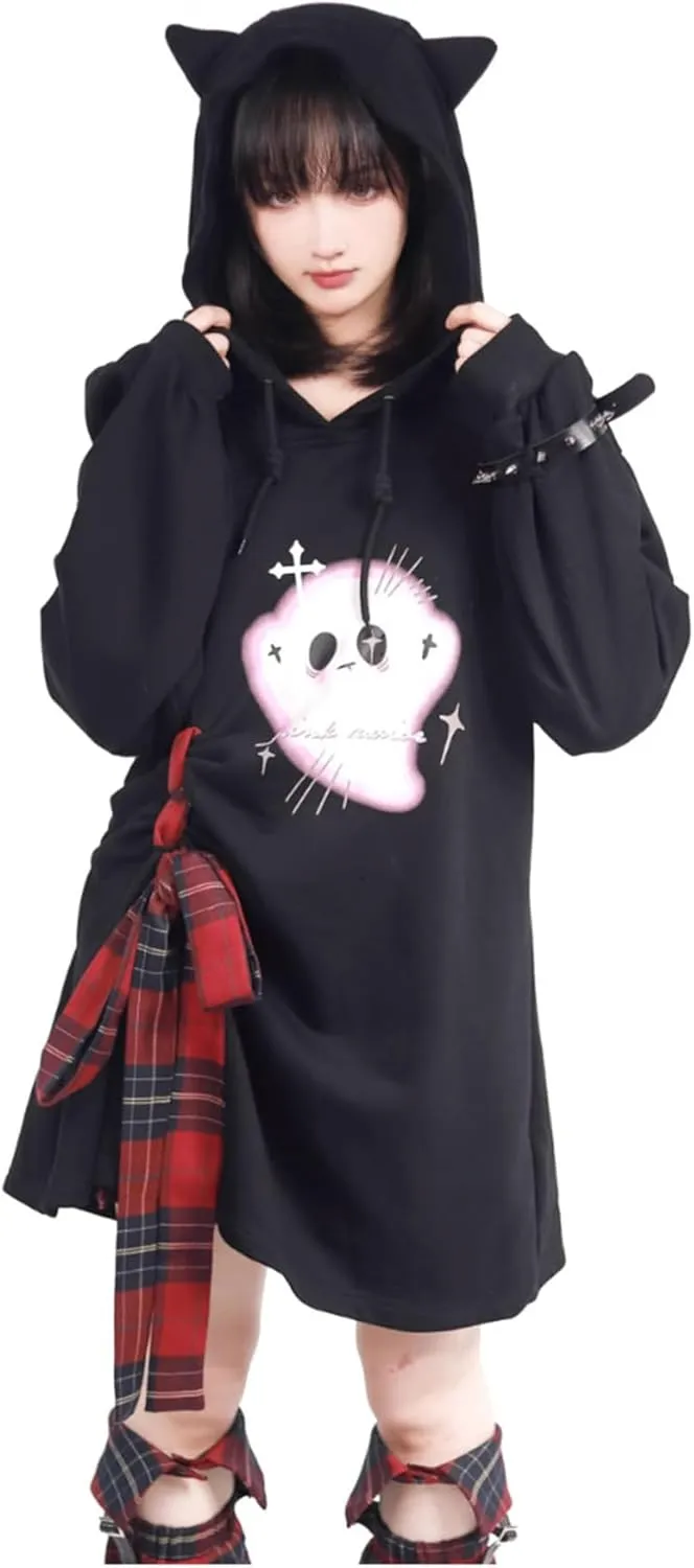 YEMOCILE Womens Cat Ear Hoodie Harajuku Ghost Print Oversized Pullover Sweatshirt Kawaii Grunge Aesthetic Y2K Top