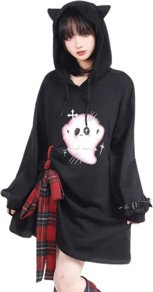 YEMOCILE Womens Cat Ear Hoodie Harajuku Ghost Print Oversized Pullover Sweatshirt Kawaii Grunge Aesthetic Y2K Top