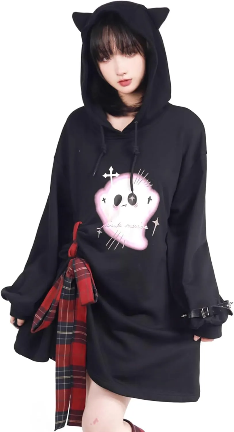 YEMOCILE Womens Cat Ear Hoodie Harajuku Ghost Print Oversized Pullover Sweatshirt Kawaii Grunge Aesthetic Y2K Top