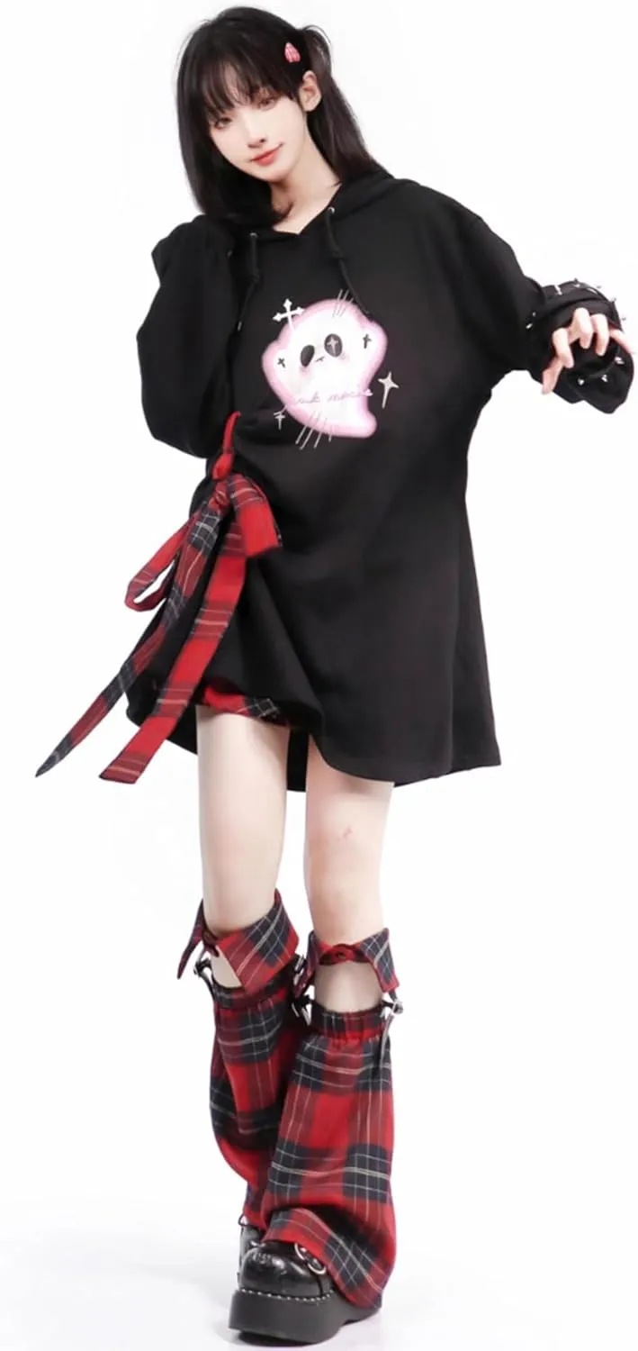 YEMOCILE Womens Cat Ear Hoodie Harajuku Ghost Print Oversized Pullover Sweatshirt Kawaii Grunge Aesthetic Y2K Top