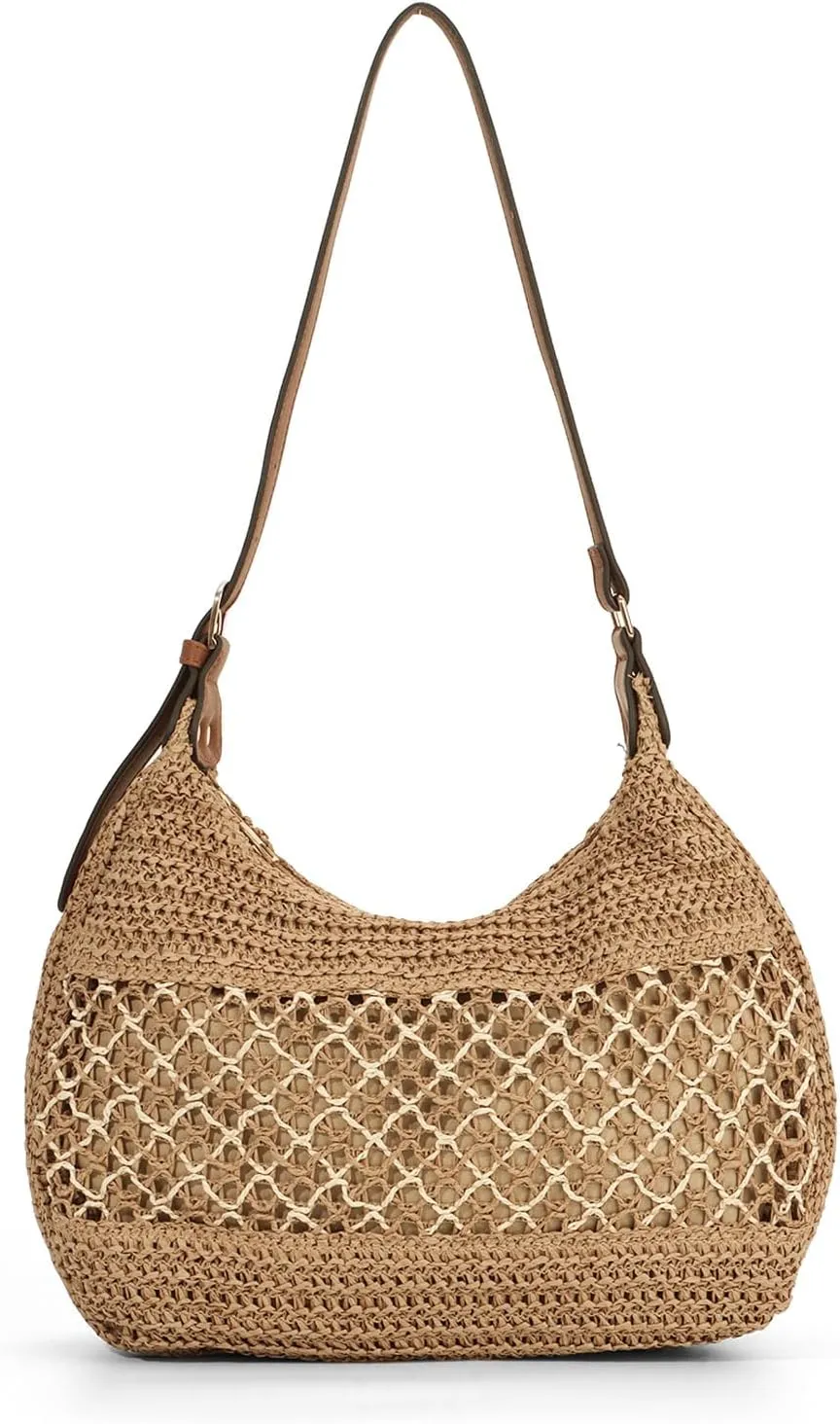 Ynport Straw Rattan Beach Bag Woven Shoulder Bag Tote Bag Hobo Underarm Handbag for Everyday Travel