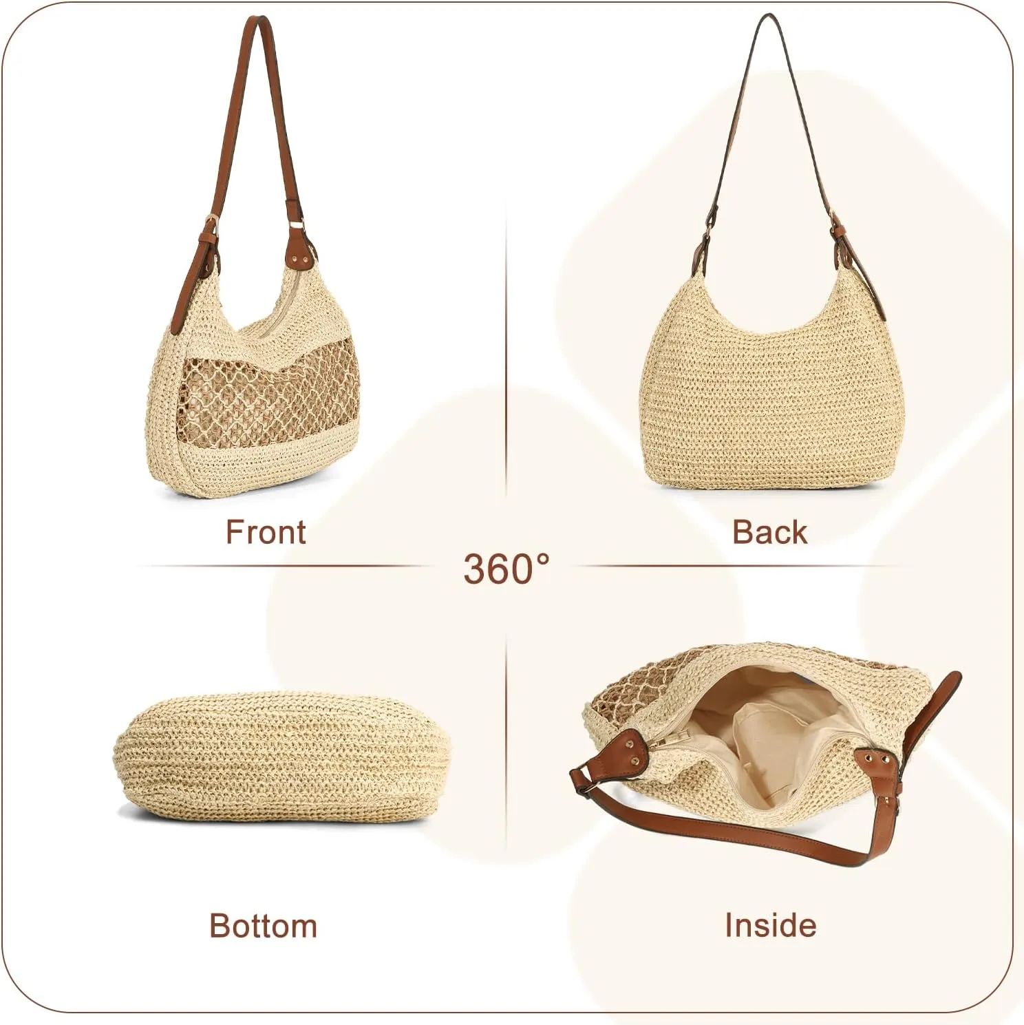 Ynport Straw Rattan Beach Bag Woven Shoulder Bag Tote Bag Hobo Underarm Handbag for Everyday Travel