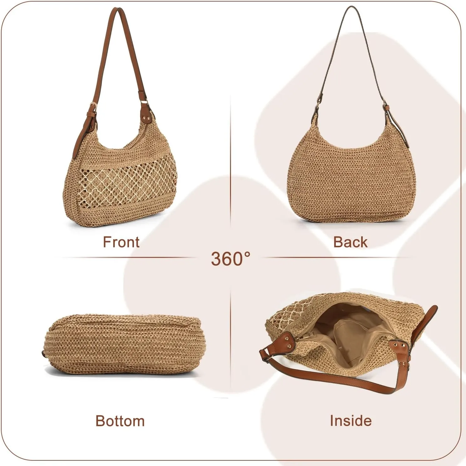 Ynport Straw Rattan Beach Bag Woven Shoulder Bag Tote Bag Hobo Underarm Handbag for Everyday Travel