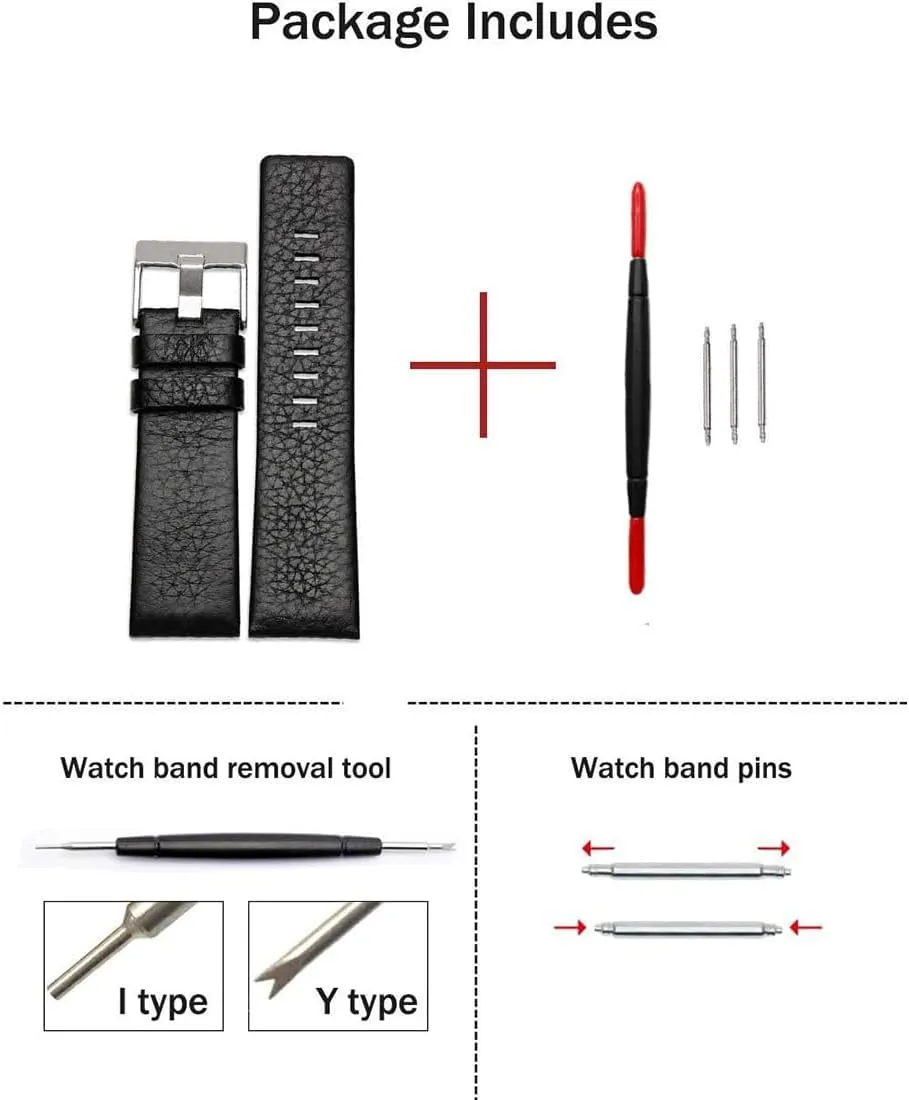 ZHUOLEI Diesel Calfskin Leather Watch Band Litchi Pattern Strap with Tool 22mm 24mm 26mm 28mm 30mm Replacement for Men's Diesel Watches
