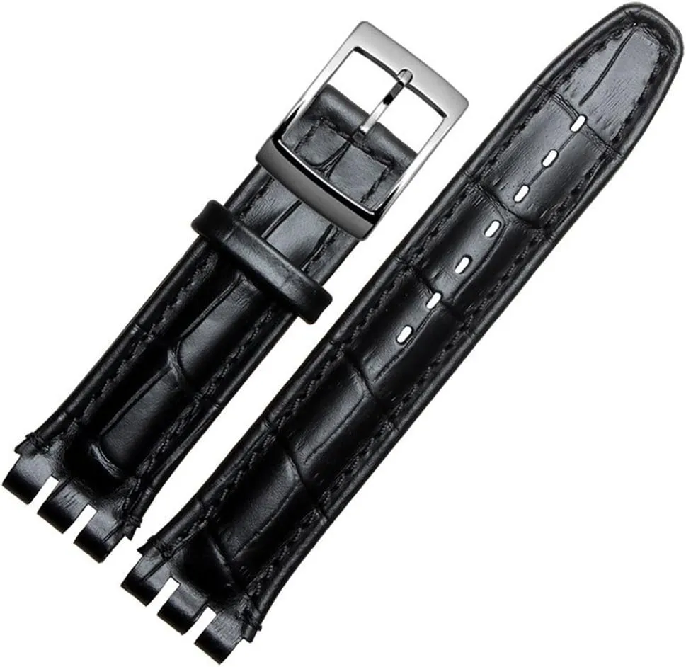 ZHUOLEI Swatch Alligator Grain Cow Leather Stainless Steel Buckle Watch Band Strap with Tool Watch Width 17mm 9mm Replacement for Men's Swatch Watches