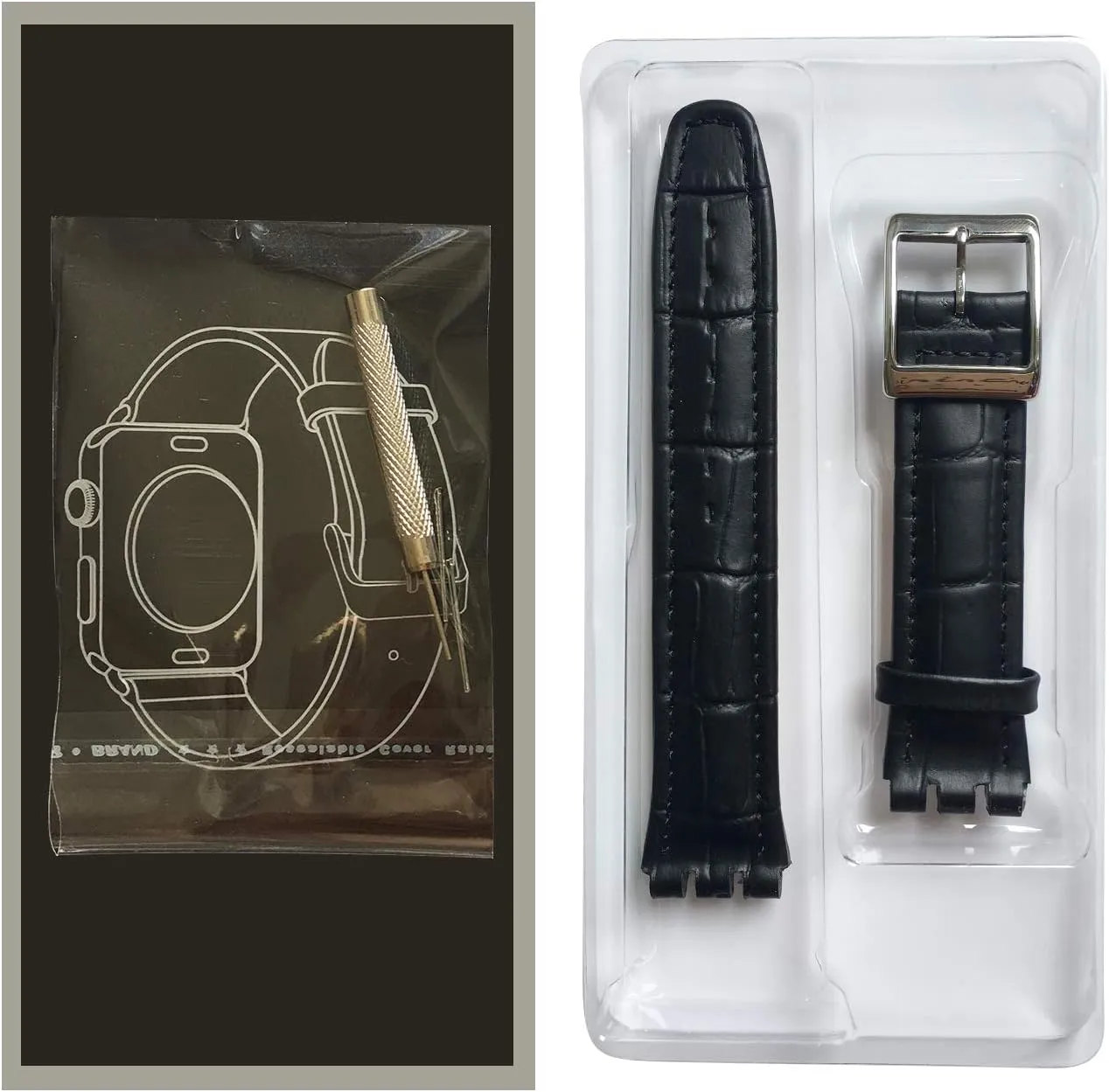 ZHUOLEI Swatch Alligator Grain Cow Leather Stainless Steel Buckle Watch Band Strap with Tool Watch Width 17mm 9mm Replacement for Men's Swatch Watches