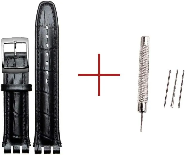 ZHUOLEI Swatch Alligator Grain Cow Leather Stainless Steel Buckle Watch Band Strap with Tool Watch Width 17mm 9mm Replacement for Men's Swatch Watches