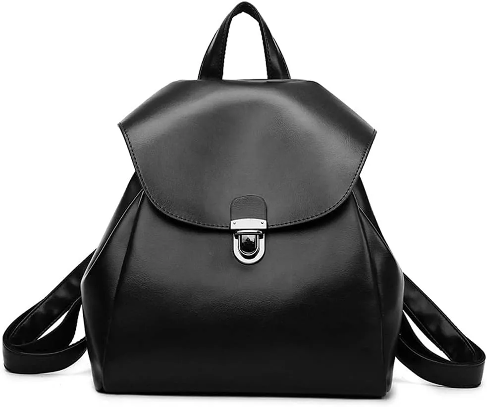 ZiMing Backpacks for Women Flap Backpacks Faux Leather Satchel Bag Snap Lock Shoulder Bags Purse Casual Ladies Daypack Purse-Black