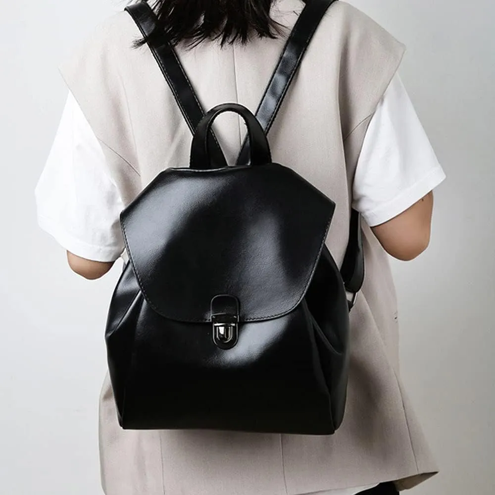 ZiMing Backpacks for Women Flap Backpacks Faux Leather Satchel Bag Snap Lock Shoulder Bags Purse Casual Ladies Daypack Purse-Black