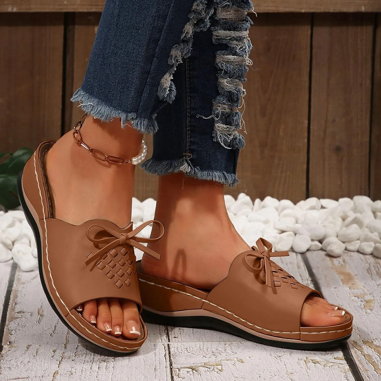 ZSpzx Summer Sandals For Women 2025,Women's Slide Sandals,Womens Comfortable Wedge Slip On Arch Support Slides Orthotic Walking Orthopedic Knot Casual Straps Slip-On Plantar Fasciitis Bunion Sandal
