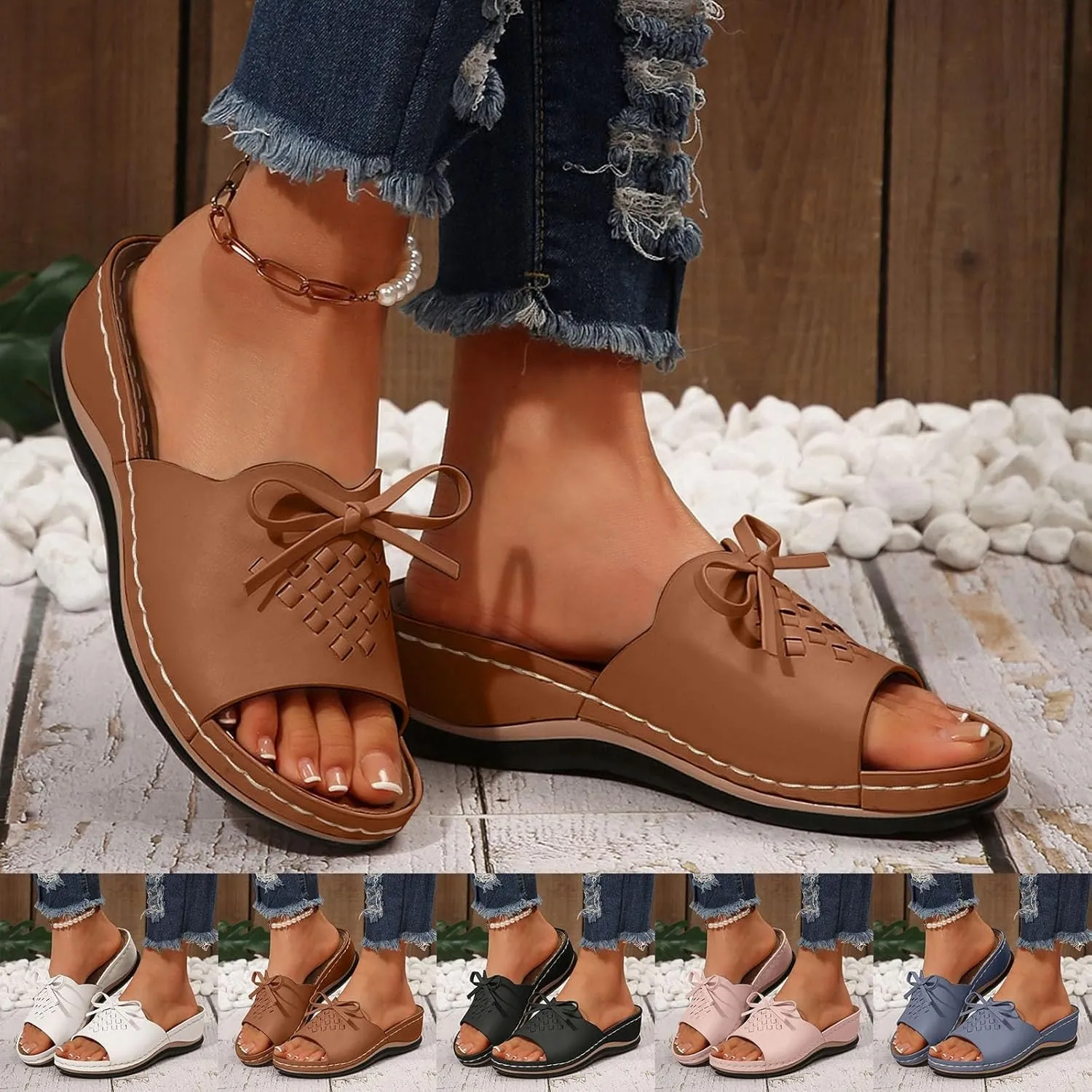 ZSpzx Summer Sandals For Women 2025,Women's Slide Sandals,Womens Comfortable Wedge Slip On Arch Support Slides Orthotic Walking Orthopedic Knot Casual Straps Slip-On Plantar Fasciitis Bunion Sandal
