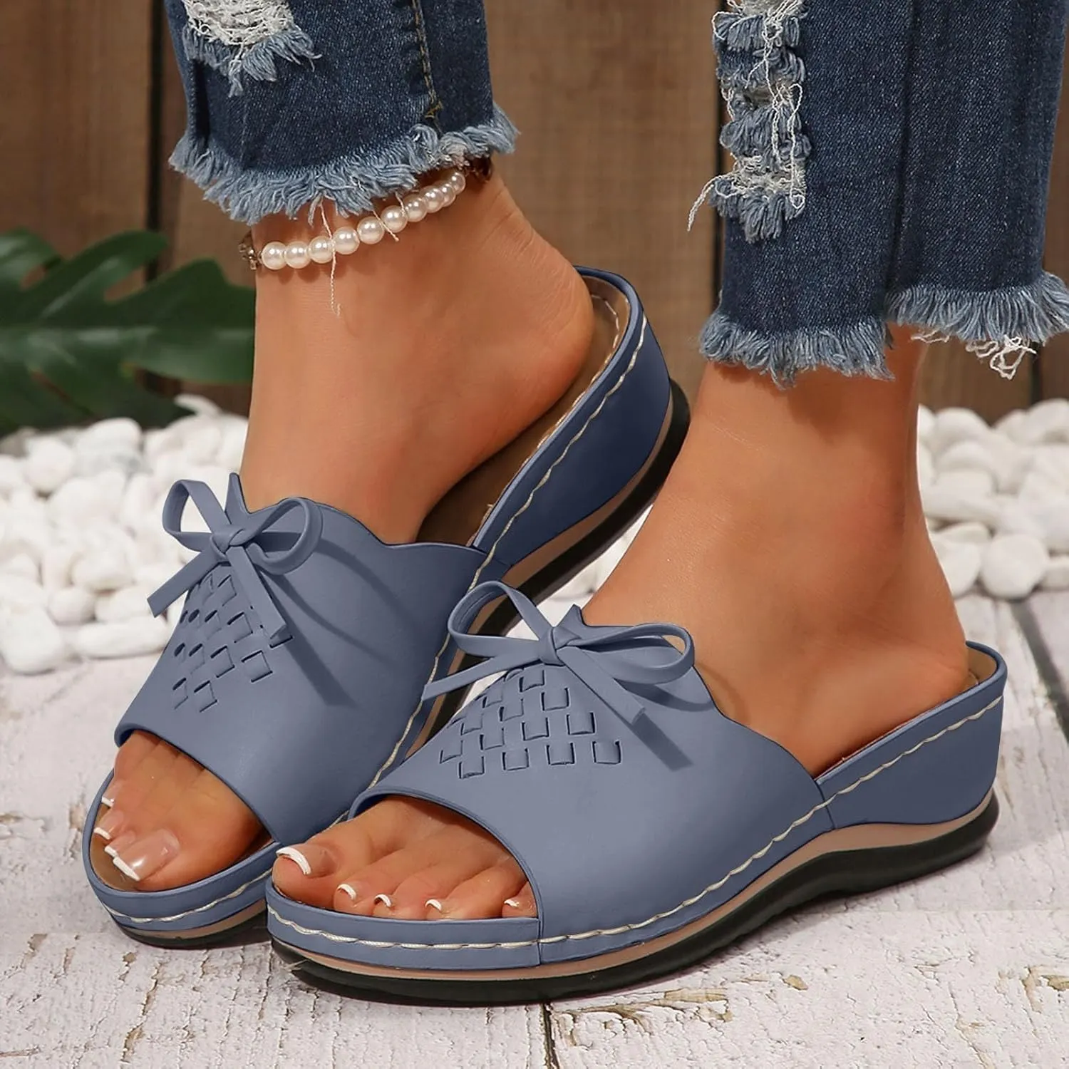 ZSpzx Summer Sandals For Women 2025,Women's Slide Sandals,Womens Comfortable Wedge Slip On Arch Support Slides Orthotic Walking Orthopedic Knot Casual Straps Slip-On Plantar Fasciitis Bunion Sandal