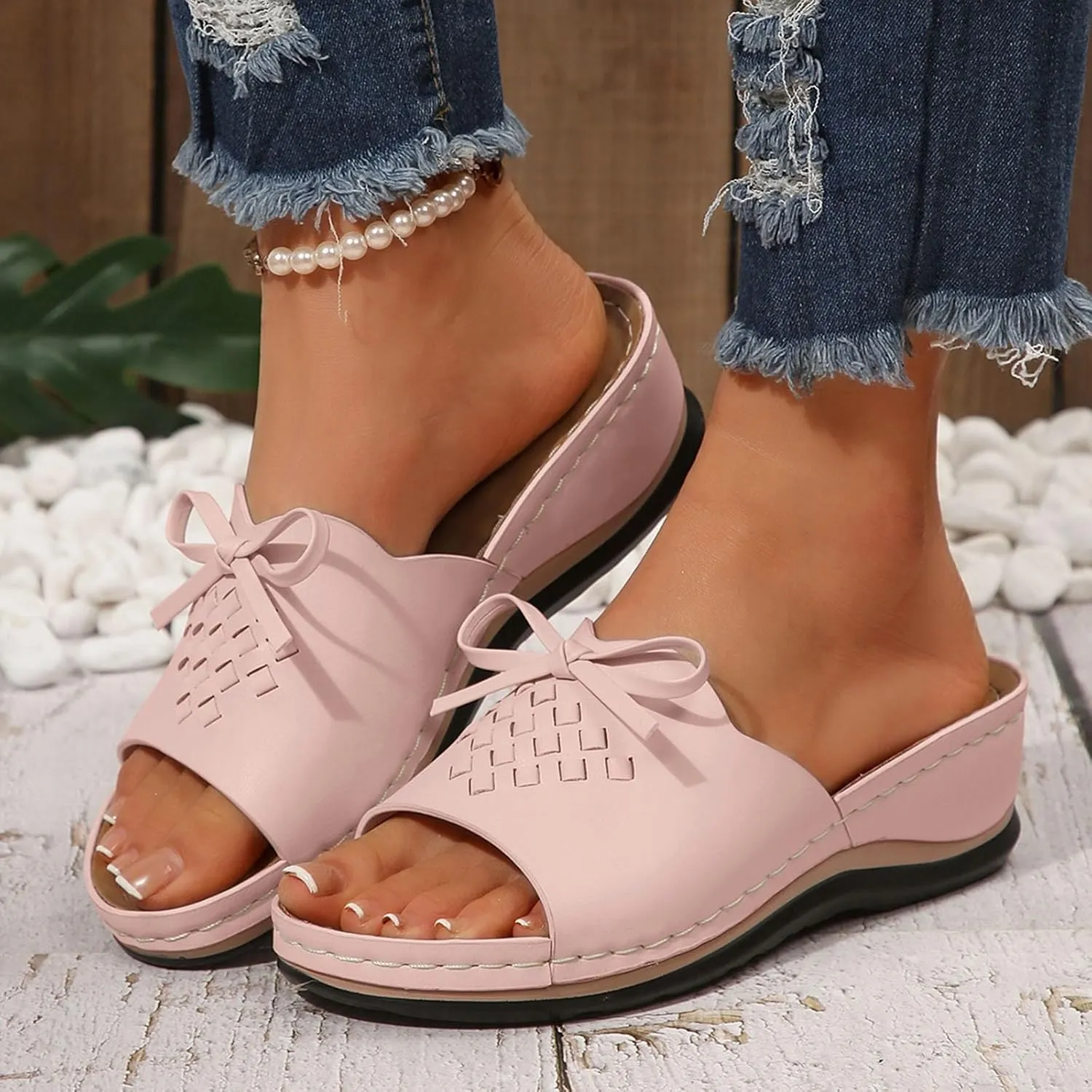 ZSpzx Summer Sandals For Women 2025,Women's Slide Sandals,Womens Comfortable Wedge Slip On Arch Support Slides Orthotic Walking Orthopedic Knot Casual Straps Slip-On Plantar Fasciitis Bunion Sandal