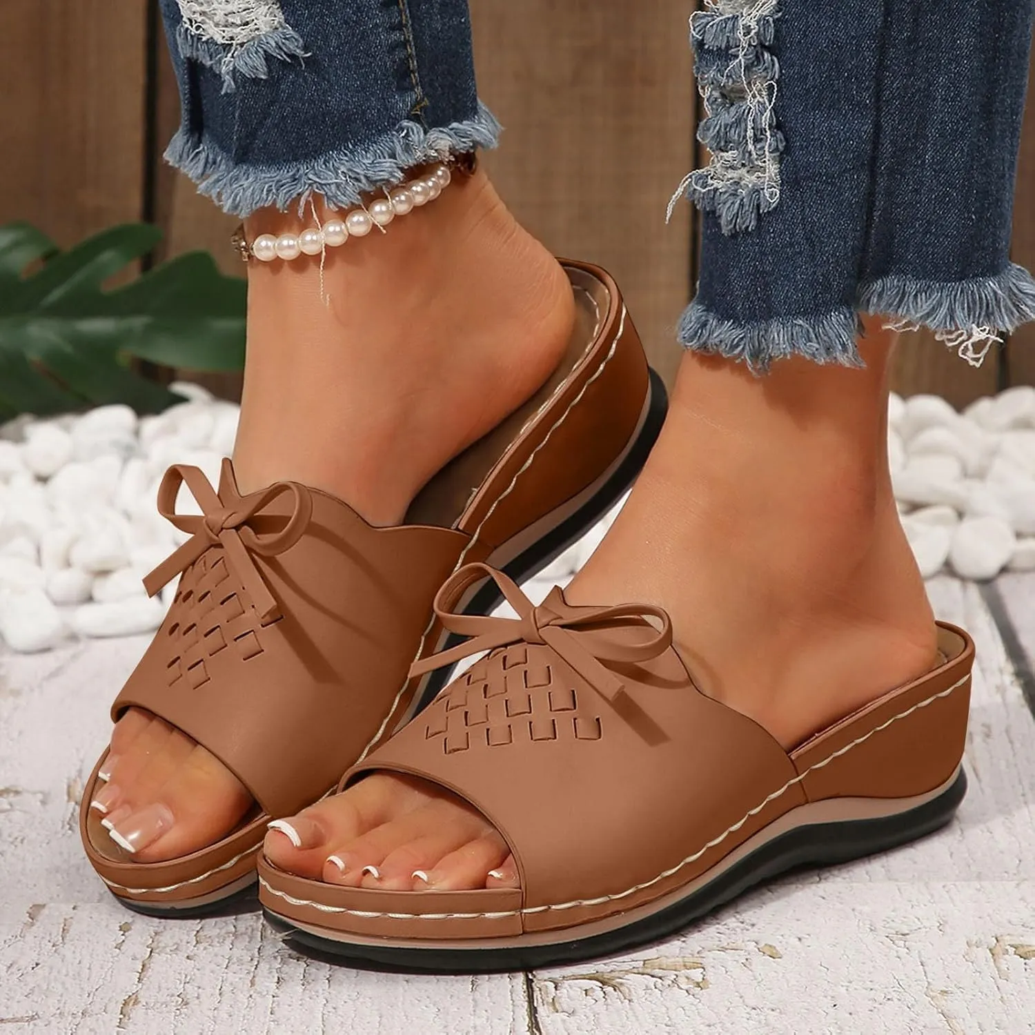 ZSpzx Summer Sandals For Women 2025,Women's Slide Sandals,Womens Comfortable Wedge Slip On Arch Support Slides Orthotic Walking Orthopedic Knot Casual Straps Slip-On Plantar Fasciitis Bunion Sandal