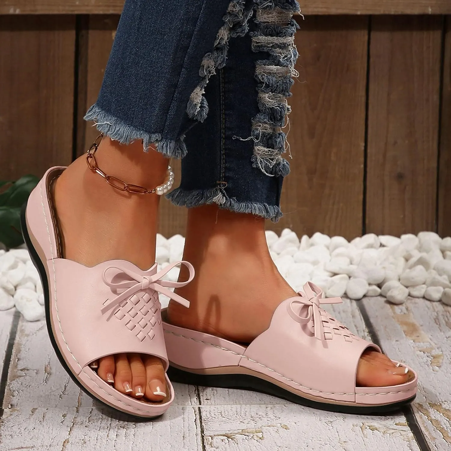 ZSpzx Summer Sandals For Women 2025,Women's Slide Sandals,Womens Comfortable Wedge Slip On Arch Support Slides Orthotic Walking Orthopedic Knot Casual Straps Slip-On Plantar Fasciitis Bunion Sandal