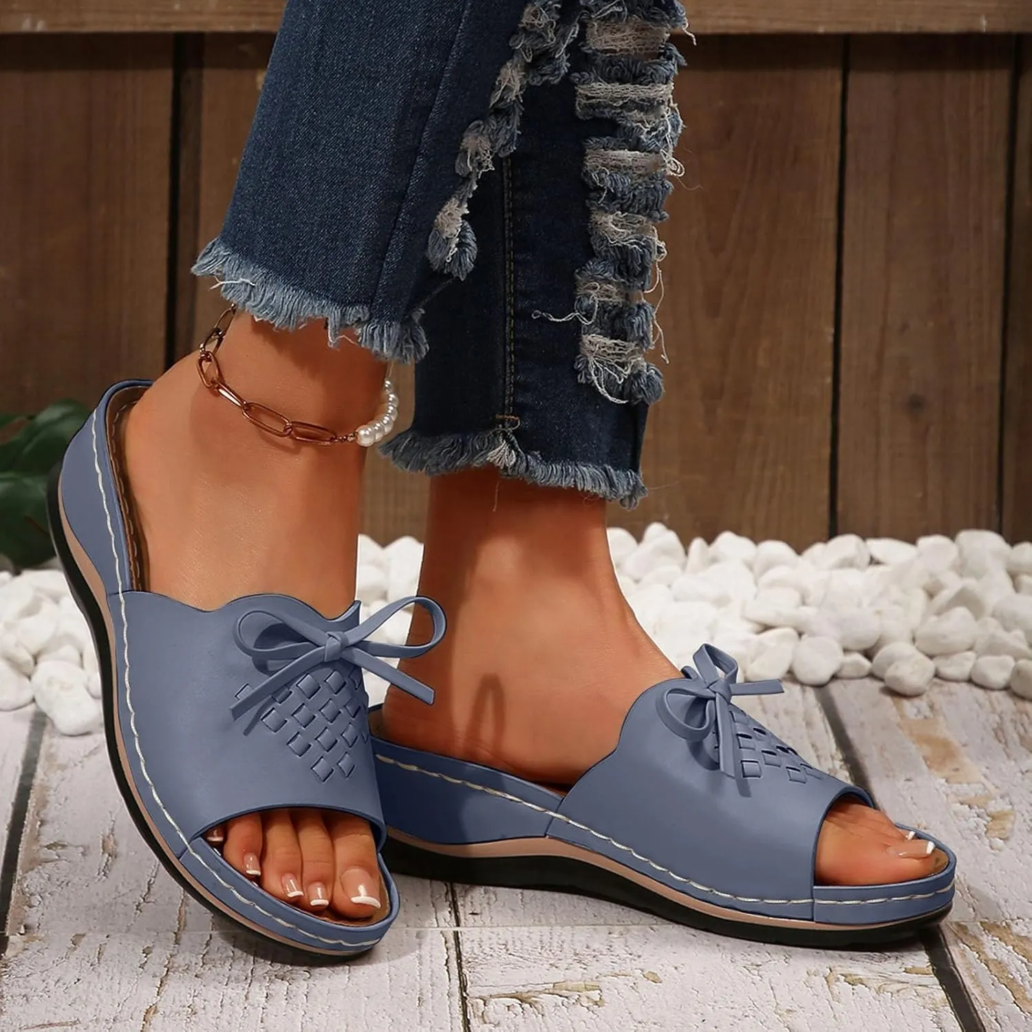 ZSpzx Summer Sandals For Women 2025,Women's Slide Sandals,Womens Comfortable Wedge Slip On Arch Support Slides Orthotic Walking Orthopedic Knot Casual Straps Slip-On Plantar Fasciitis Bunion Sandal