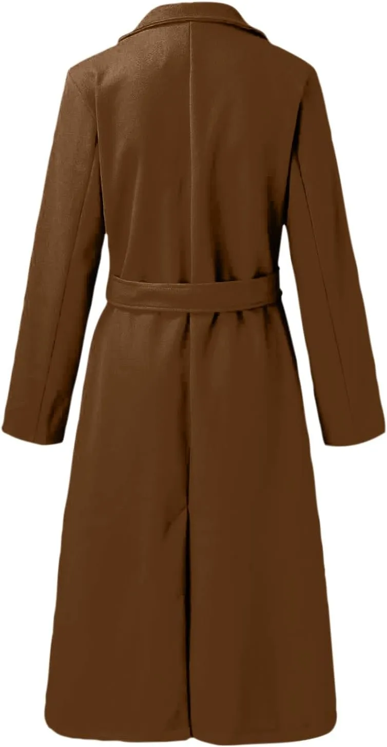 ZWRXW Women's Notched Collared Trench Coat Open Front Long Sleeve Mid Length Cardigans Elegant Wool Blend Peacoat with Belt