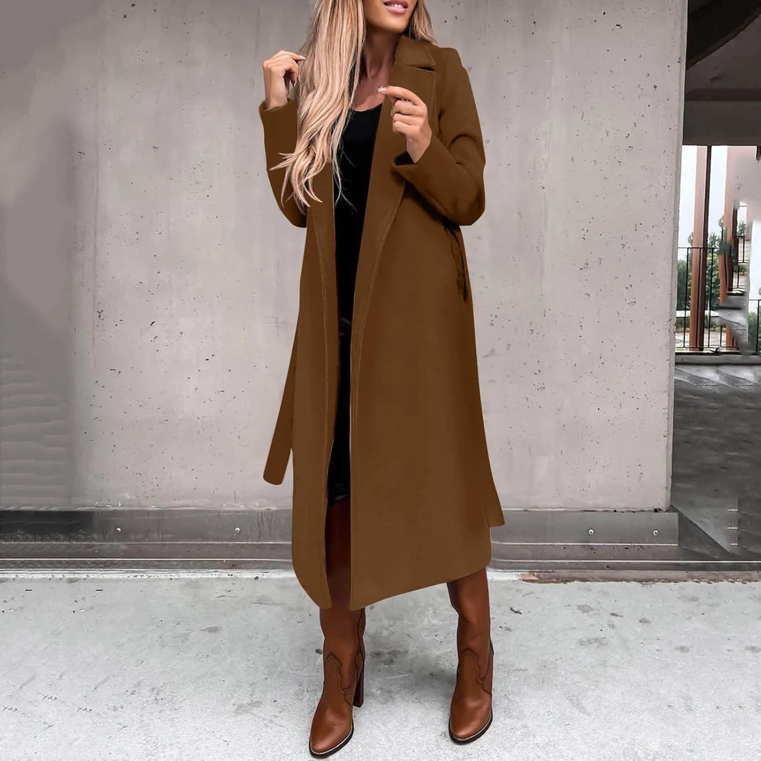 ZWRXW Women's Notched Collared Trench Coat Open Front Long Sleeve Mid Length Cardigans Elegant Wool Blend Peacoat with Belt