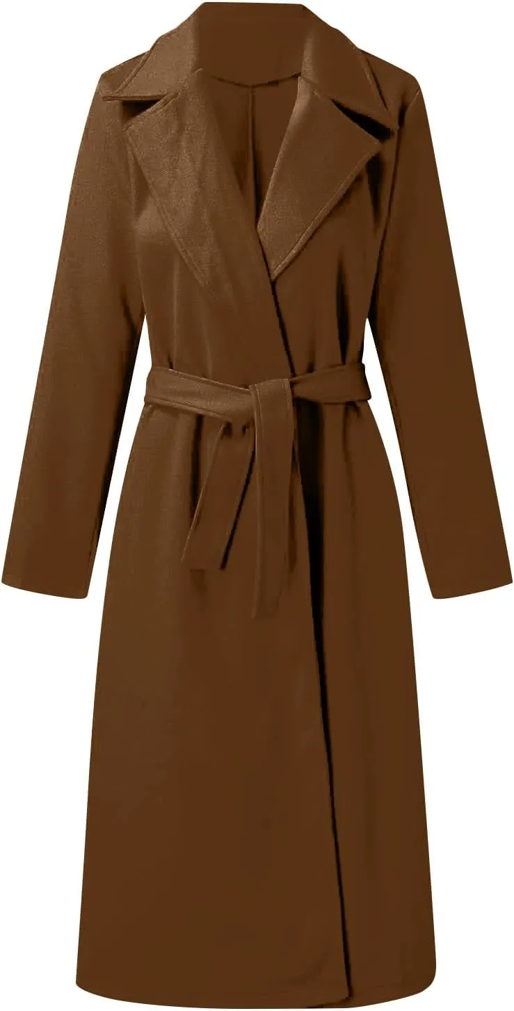 ZWRXW Women's Notched Collared Trench Coat Open Front Long Sleeve Mid Length Cardigans Elegant Wool Blend Peacoat with Belt