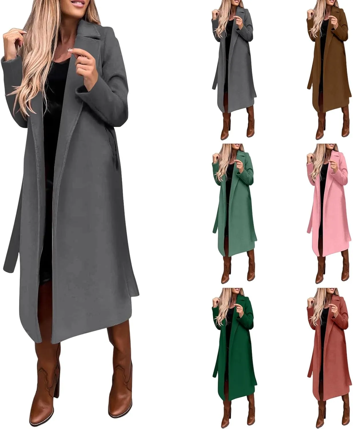 ZWRXW Women's Notched Collared Trench Coat Open Front Long Sleeve Mid Length Cardigans Elegant Wool Blend Peacoat with Belt