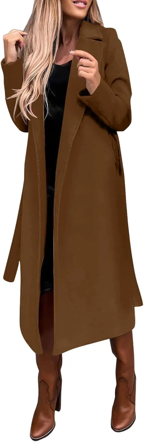 ZWRXW Women's Notched Collared Trench Coat Open Front Long Sleeve Mid Length Cardigans Elegant Wool Blend Peacoat with Belt